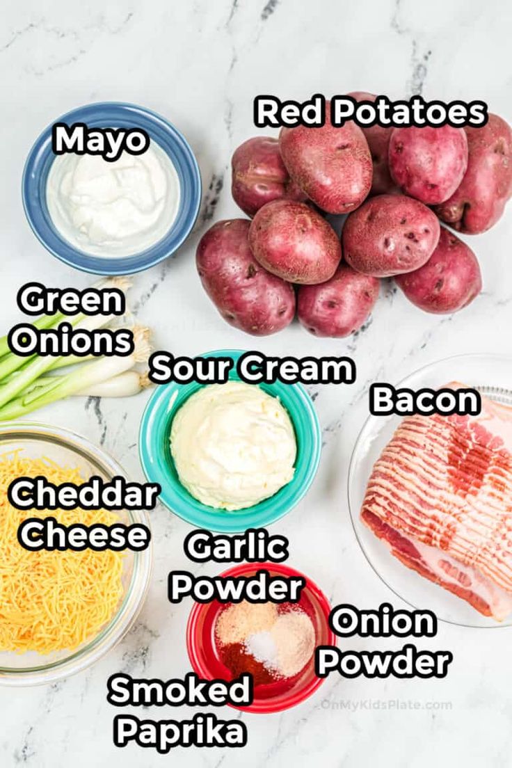 the ingredients to make this potato salad are shown