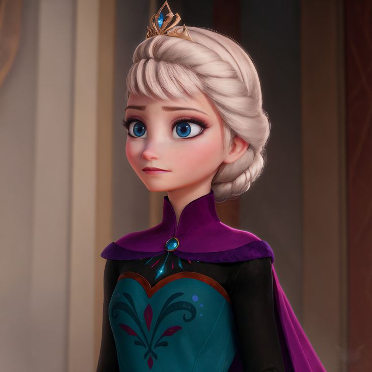 the frozen queen is wearing a tiara and looking into the distance with blue eyes