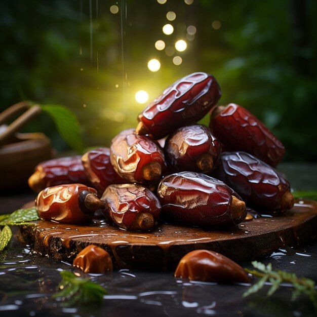 dates on a cutting board with lights in the background and leaves scattered around them,