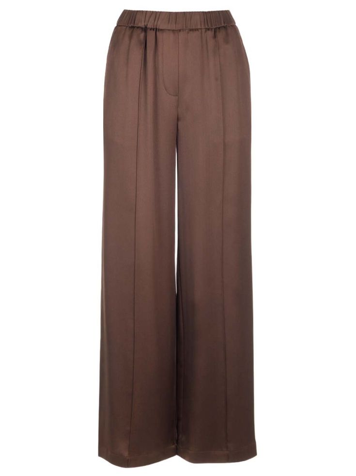 Dark chocolate pajama trousers from Loewe in silk, soft fit, regular length, medium waist, loose leg, elasticated waist, seam pockets, stitched crease, patch pocket embroidered with anagram on the back. Luxury Wide Leg Pants With Pockets, Brown Wide Leg Trousers With Welt Pockets, Luxury Brown Straight Pants, Luxury Brown Bottoms For Workwear, Luxury Brown Workwear Bottoms, Luxury Brown Trousers, Brown Elegant Relaxed Fit Pants, Elegant Brown Relaxed Fit Pants, Elegant Brown Wide Leg Pants With Pockets