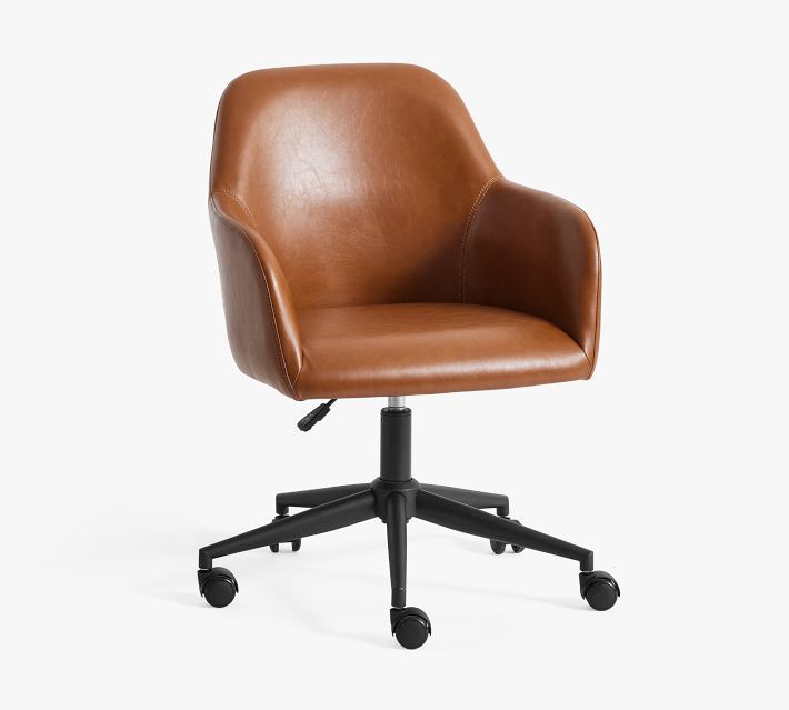 a brown leather office chair with wheels and casteors on an isolated white background, viewed from the front