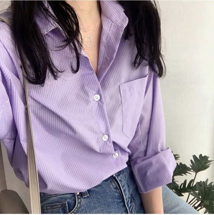 FREE SHIPPING Women Light Purple Blouse Striped Casual Purple Collared Top, Purple Long Sleeve Blouse For Daywear, Long Sleeve Purple Blouse For Daywear, Purple Button-up Blouse For Daywear, Casual Purple Office Blouse, Purple Long Sleeve Blouse With Buttons, Casual Purple Blouse For Office, Purple Office Tops With Buttons, Purple Buttoned Tops For Daywear