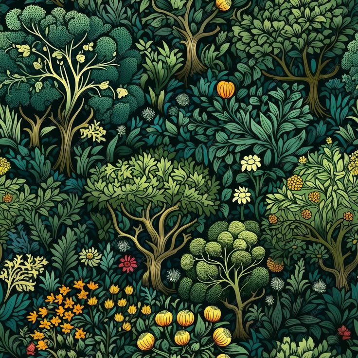 an illustration of trees and flowers in the forest with lots of green leaves on them