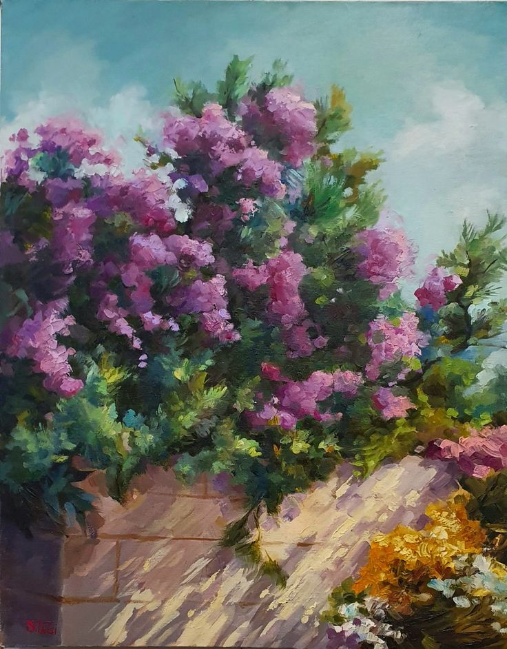 a painting of purple flowers in a vase