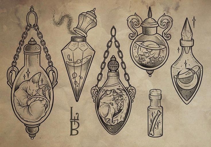 an old fashioned drawing of different items hanging from chains and bottles on a piece of paper