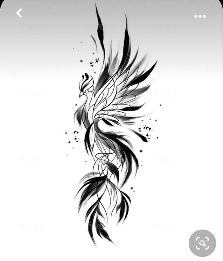 a black and white drawing of a bird with feathers on it's back side