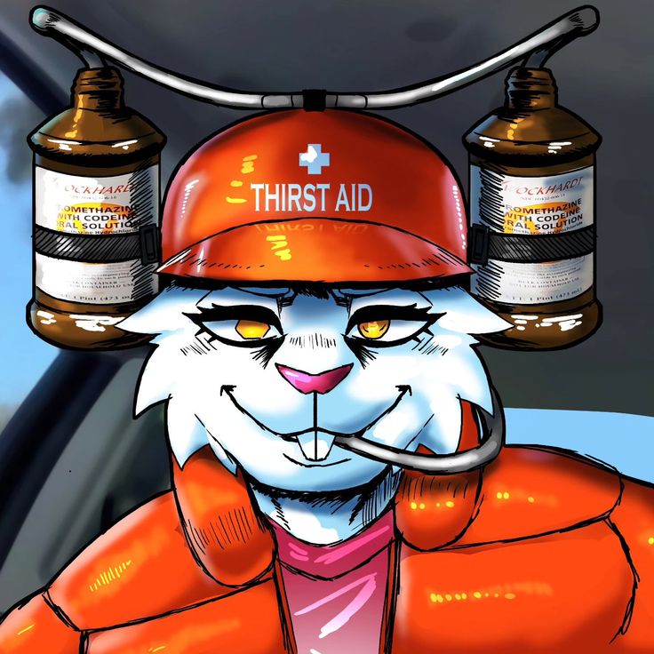 a cartoon cat wearing an orange hat with two bottles on it's head