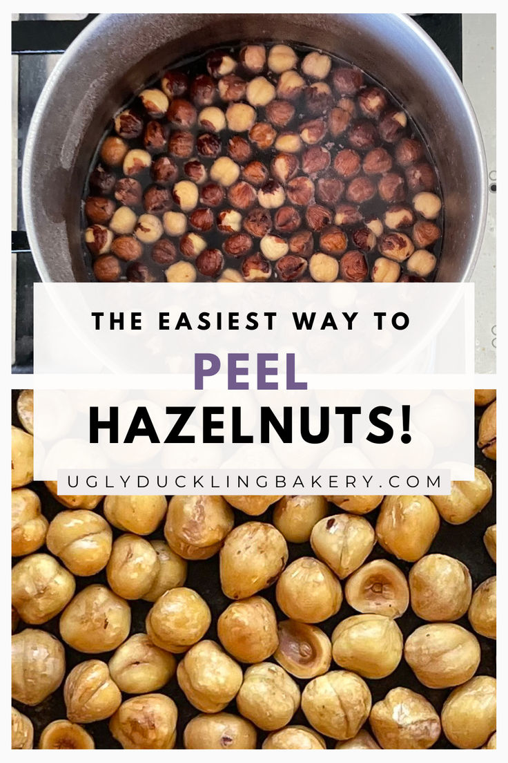 an image on top of a pot of hazelnuts and bottom of peeled hazelnuts. The title says the easiest way to peel hazelnuts. Roasted Hazelnuts How To, What To Do With Hazelnuts Recipe, Raw Hazelnut Recipes, Homemade Hazelnut Spread, Hazelnut Candy Recipes, Hazelnut Recipes Healthy, Recipes With Hazelnuts Easy, Hazel Nut Recipes Food, Hazelnuts Recipes