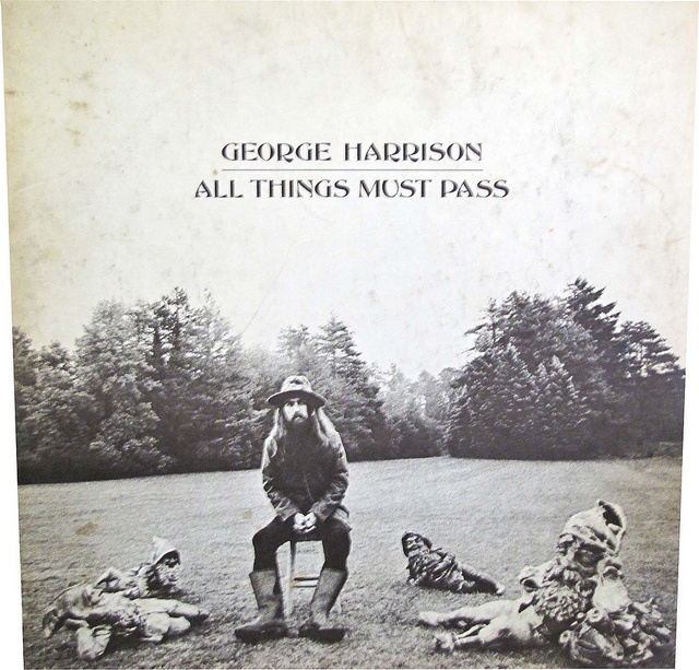 the poster for george harrison's all things must pass is shown in black and white