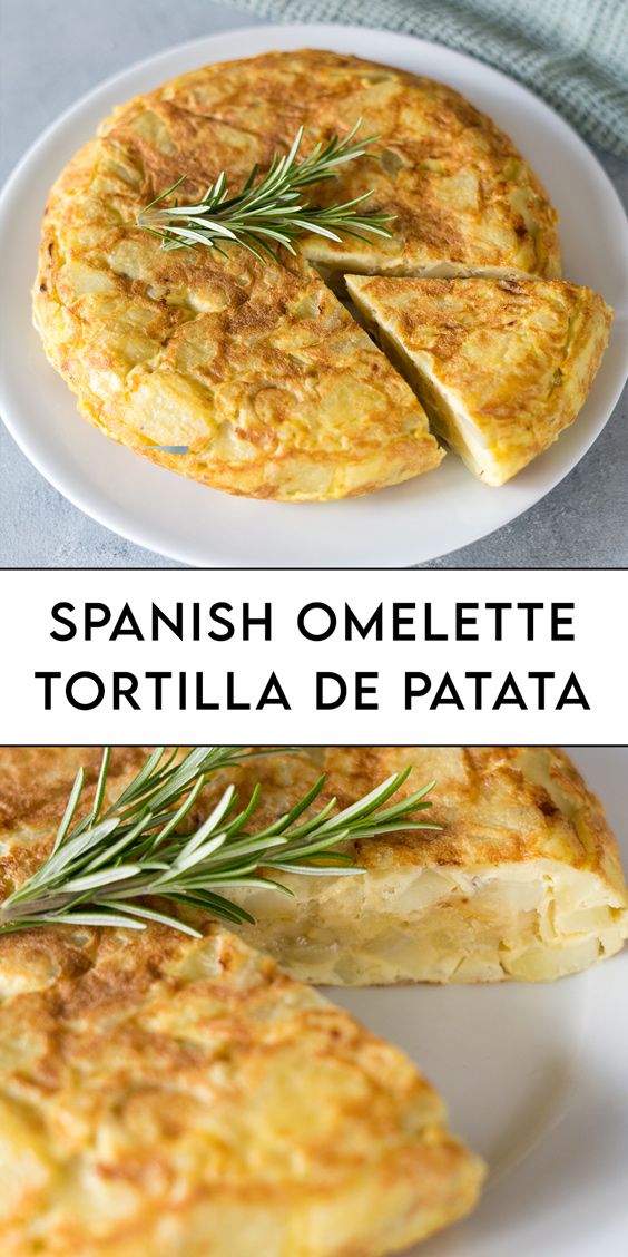 an omelette is cut into pieces on a white plate with rosemary sprigs