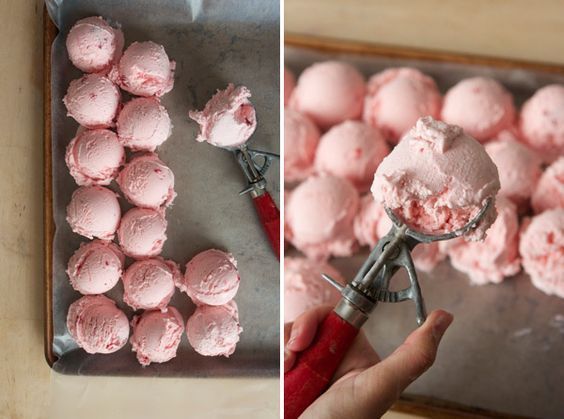 two pictures side by side, one with pink ice cream and the other with red icing