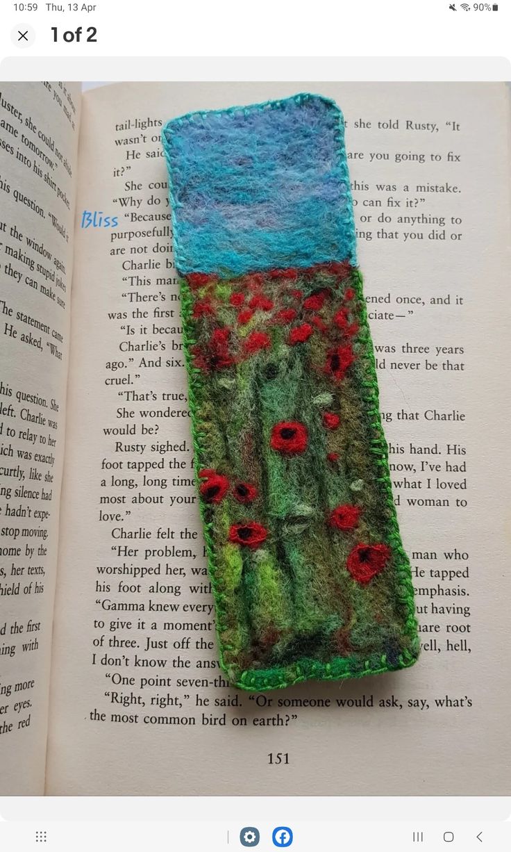 an open book with some red flowers on it and the pages are covered in green felt