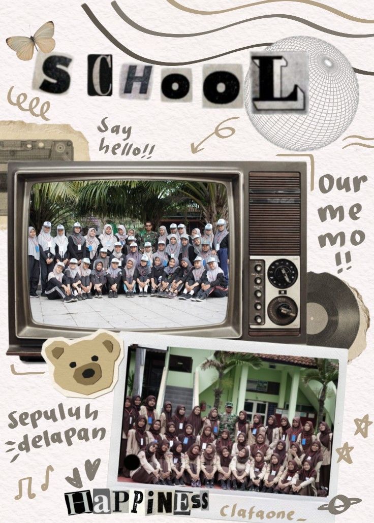 an old school tv with pictures of people on it and the words school written in black