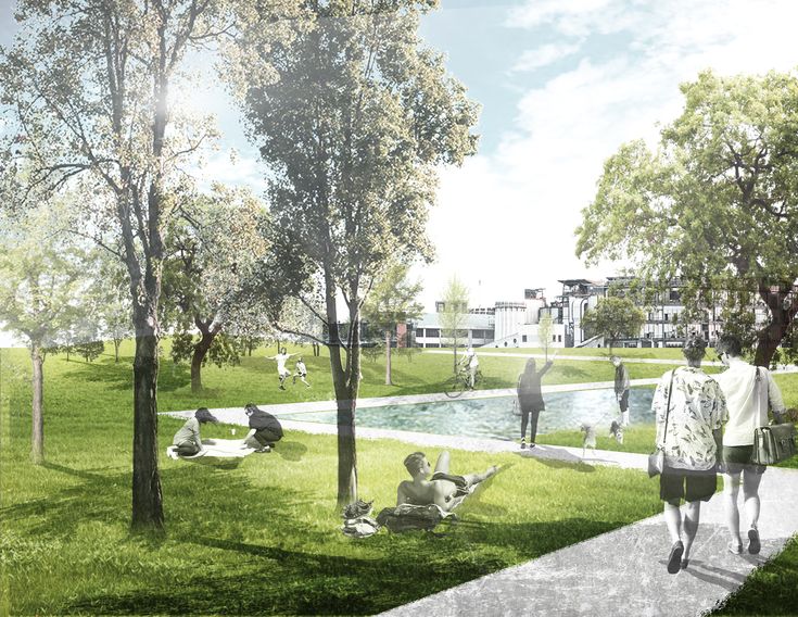 an artist's rendering of a park with people walking and sitting on the grass