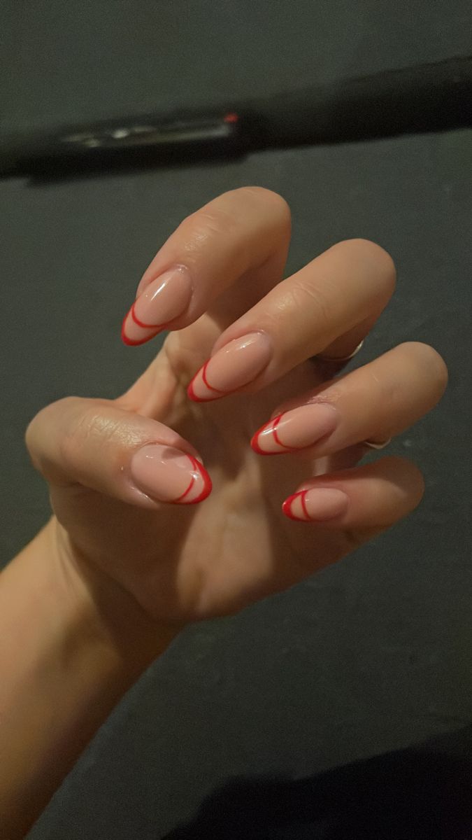 Red French Tips Nails Coffin, Double Line French Tip Nails Red, Red Holographic Nails French Tip, Double French Red Nails, French Manicure Red Tips Almond, Red Outlined French Tip Nails, French Manicure With Red Line, Two Tone Red French Tip Nails, Red French Outline Nails