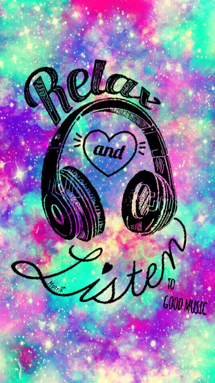 headphones with the words relax and listen on them in front of a colorful background