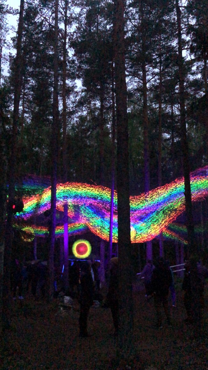 people standing in the woods at night with lights projected on them and trees behind them