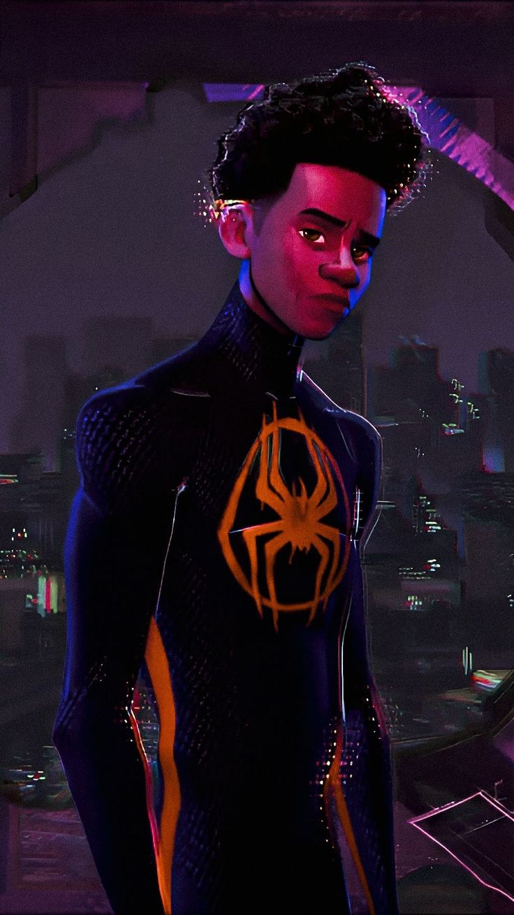 the spider - man is standing in front of a cityscape with neon lights