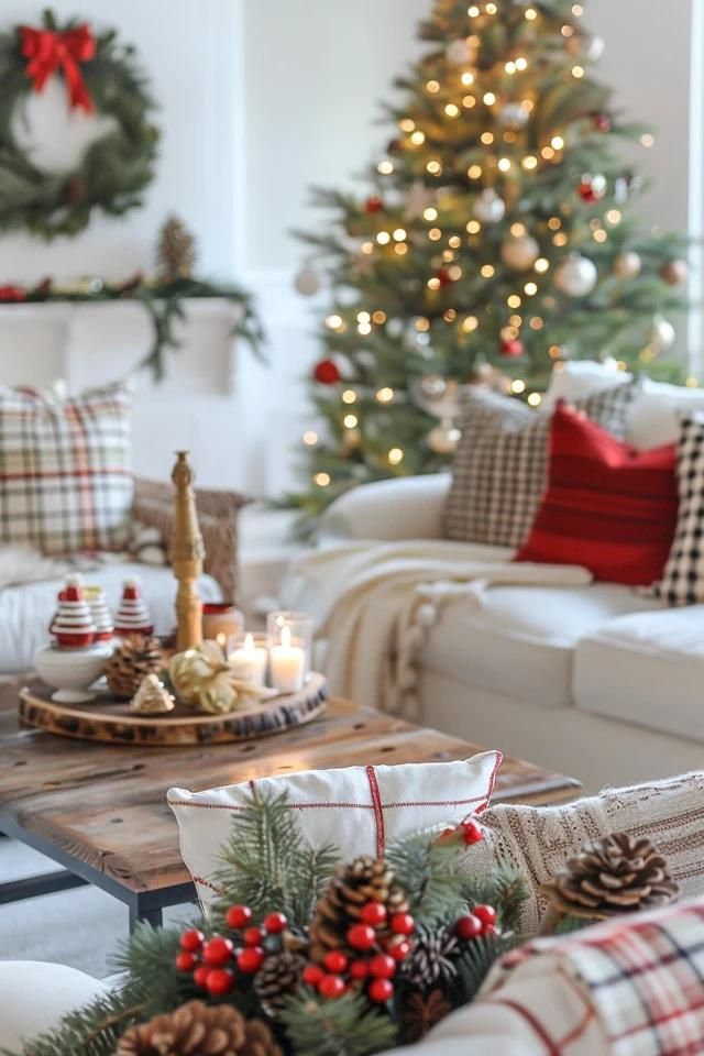 Cozy Christmas Living Room Decor Ideas Curated Christmas Decor, Simple Living Room Christmas Decor, Christmas Decorating Styles, Cozy Christmas Aesthetic Living Room, Christmas Living Room Apartment, Holiday Decor Christmas Living Room, Cozy Christmas Decor Living Room, Neutral Christmas Decor With Pops Of Red, Christmas Pillows On Couch