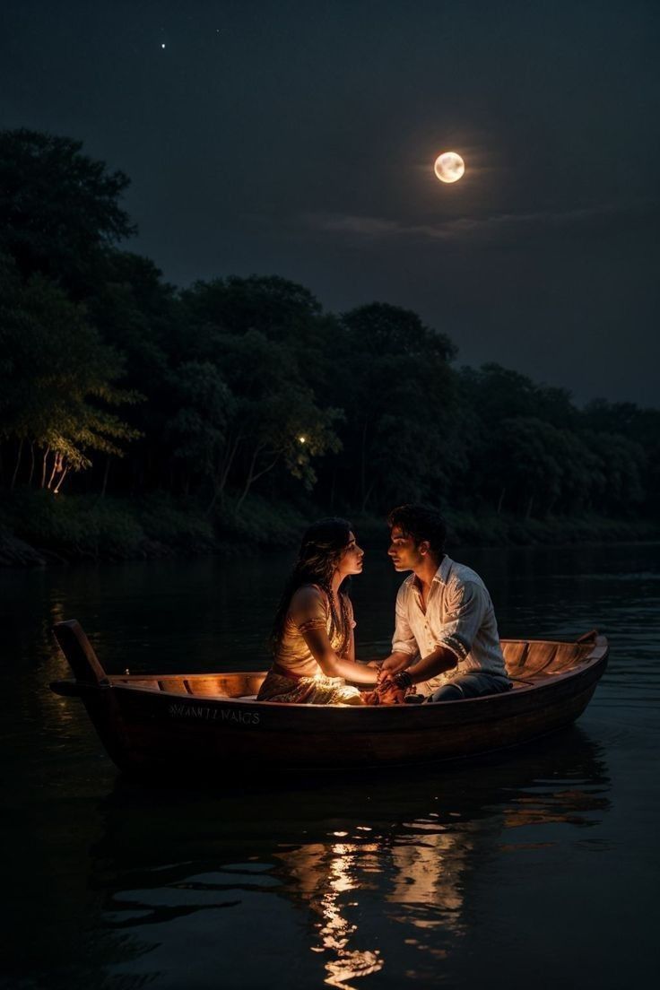 two people are sitting in a boat on the water at night, with the moon above them