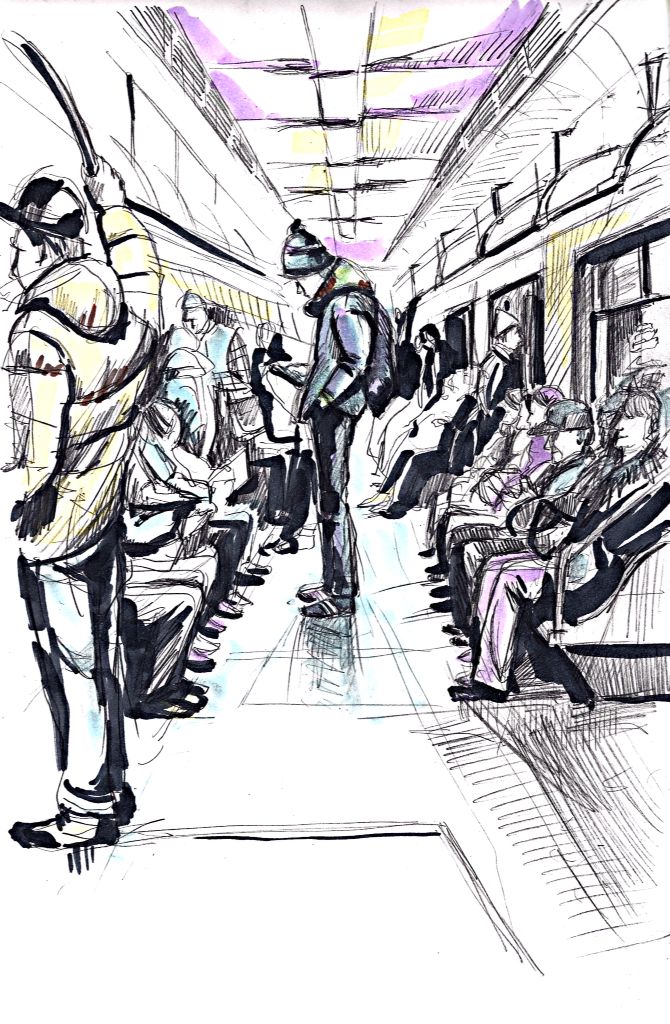 a drawing of people sitting in a subway car with their backs turned to the side