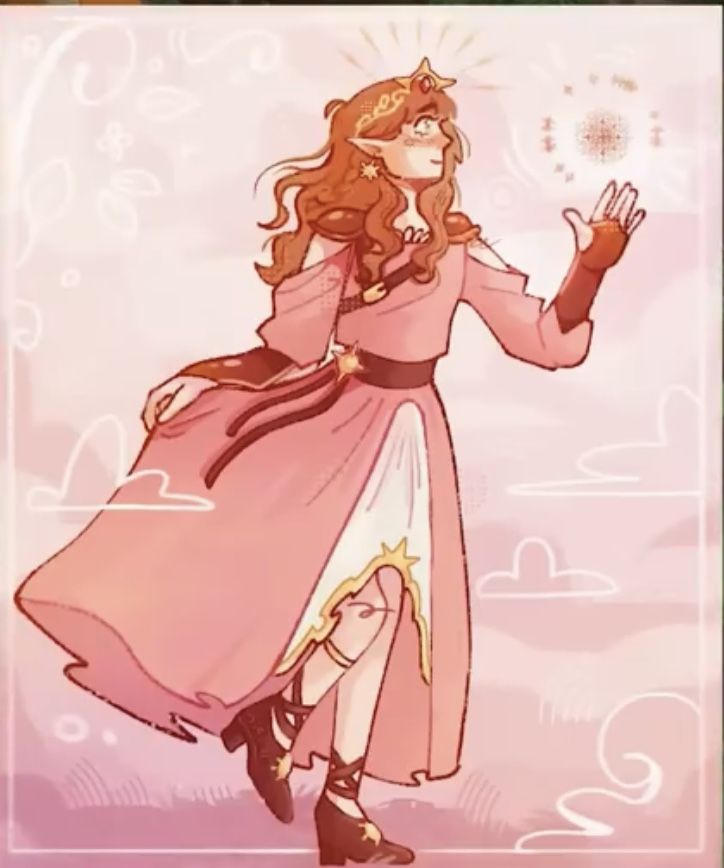 a drawing of a woman in a pink dress holding her hand out to the side