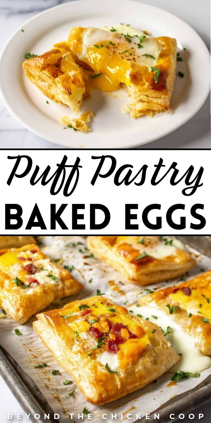 puff pastry baked eggs on a baking sheet with the words puff pastry baked eggs above it