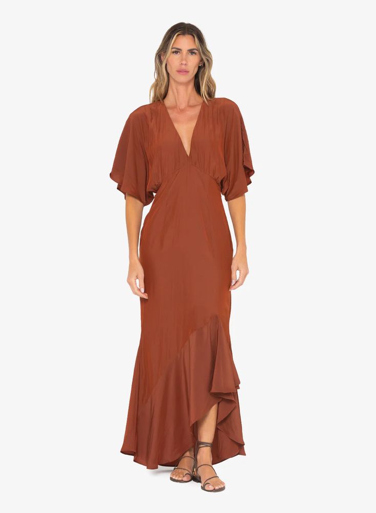 Rumi Dress – JBQ Chic V-neck Midi Dress With Ruffle Hem, Fitted V-neck Maxi Dress With Ruffles, Elegant V-neck Maxi Dress With Ruffle Hem, V-neck Midi Dress With Ruffles For Formal Occasions, Fitted V-neck Asymmetrical Dress For Fall, Chic Asymmetrical V-neck Dress For Date Night, Elegant Asymmetrical Ruffle Dress With High-low Hem, Fall Maxi Dress With Ruffles And V-neck, Chic Viscose Dress With Ruffle Hem