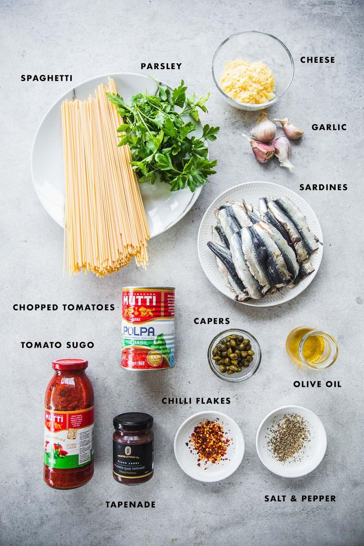 ingredients to make an italian pasta dish laid out on a white plate with text above it