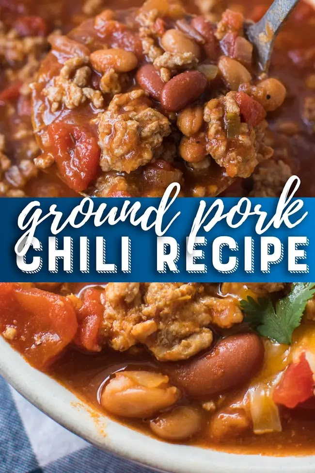 a bowl of ground pork chili recipe with a spoon in it and the title overlay reads, ground pork chili recipe