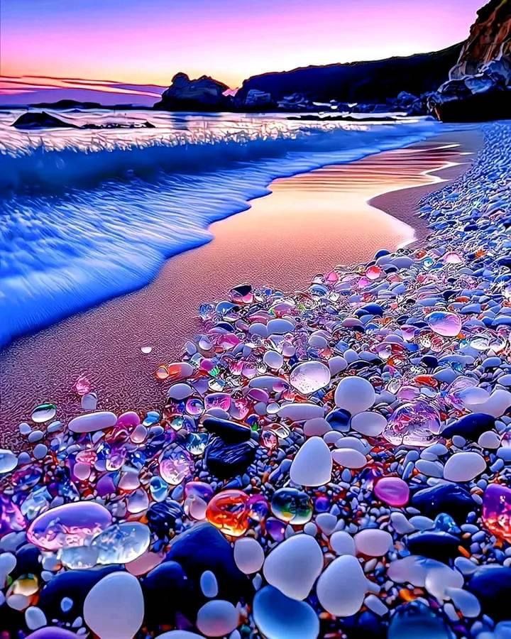 the beach is covered in many different colored rocks and glass pebbles as the sun sets