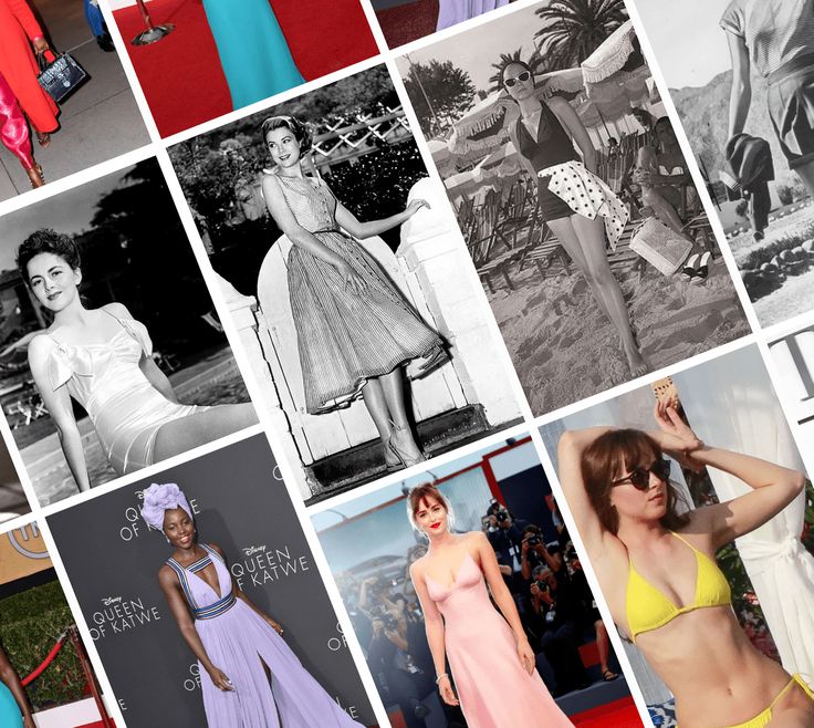 many different pictures of women in swimsuits and bathing suits on the red carpet