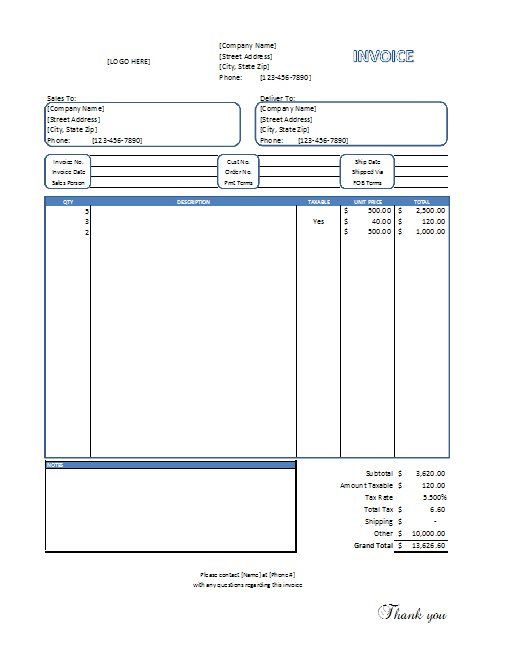 an invoice form with two lines on it