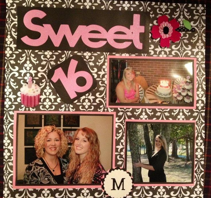 two women are posing in front of a wall with pictures on it and the words sweet 16 above them