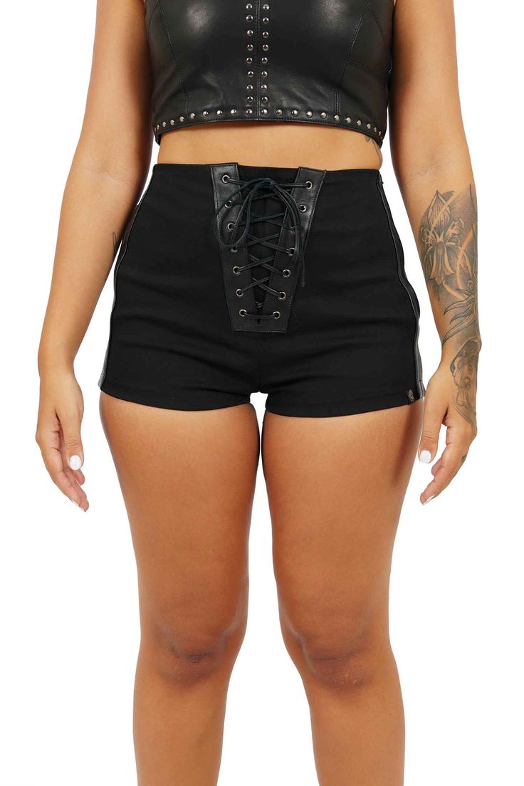 black lace up shorts from Love Khaos Edgy High Waist Shorts For Alternative Fashion, Black Shorts For Summer Concerts, Casual Black Club Shorts, Casual Black Shorts For Club, Edgy Festival Shorts, Edgy Short Bottoms For Club, Punk Style Short Bottoms For Club, Black Punk Club Shorts, Black Punk Shorts For Club