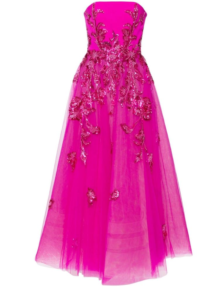 fuchsia pink tulle overlay bead embellishment square neck strapless fitted waistline flared skirt Beading Clothes, Dreamy Outfits, Magenta Fashion, Uzun Boy, Saiid Kobeisy, Dressy Hats, Gown Pink, Party Life, Bead Embellishment