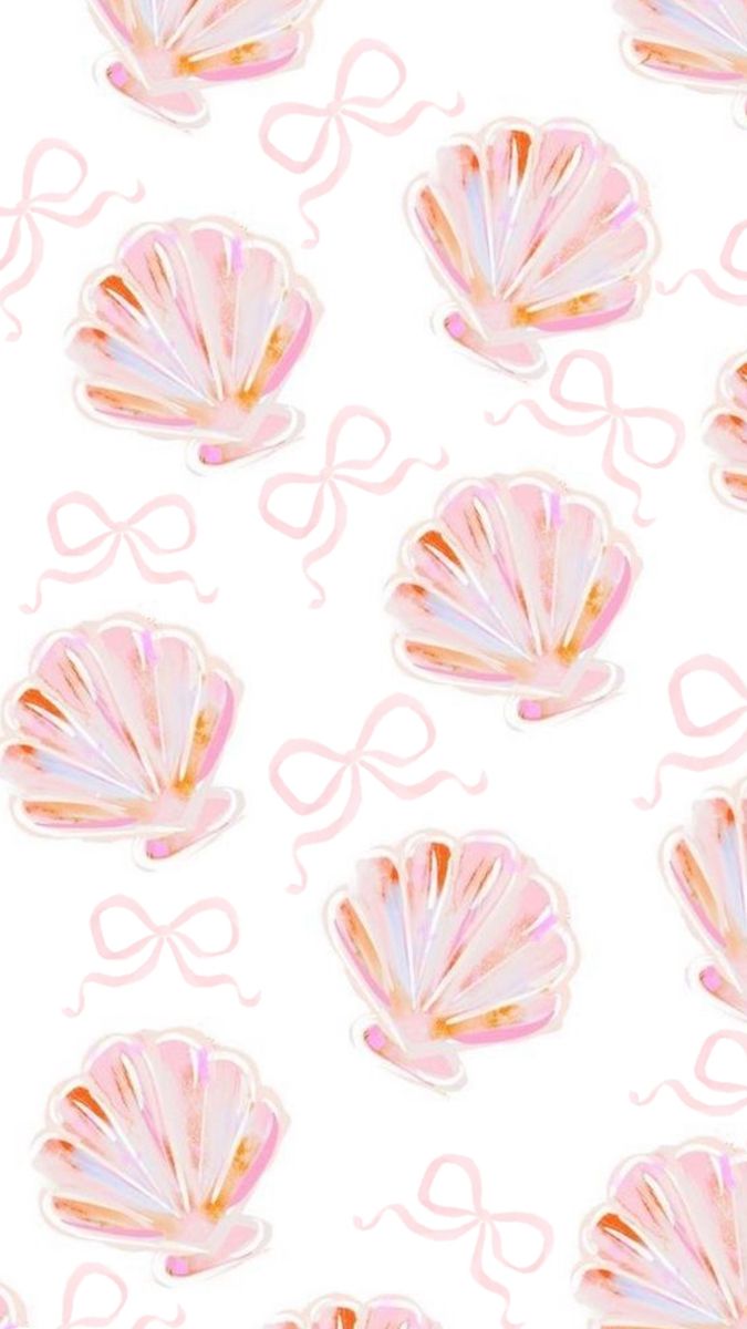 an image of pink shells with ribbons on white background for wallpaper or fabric design