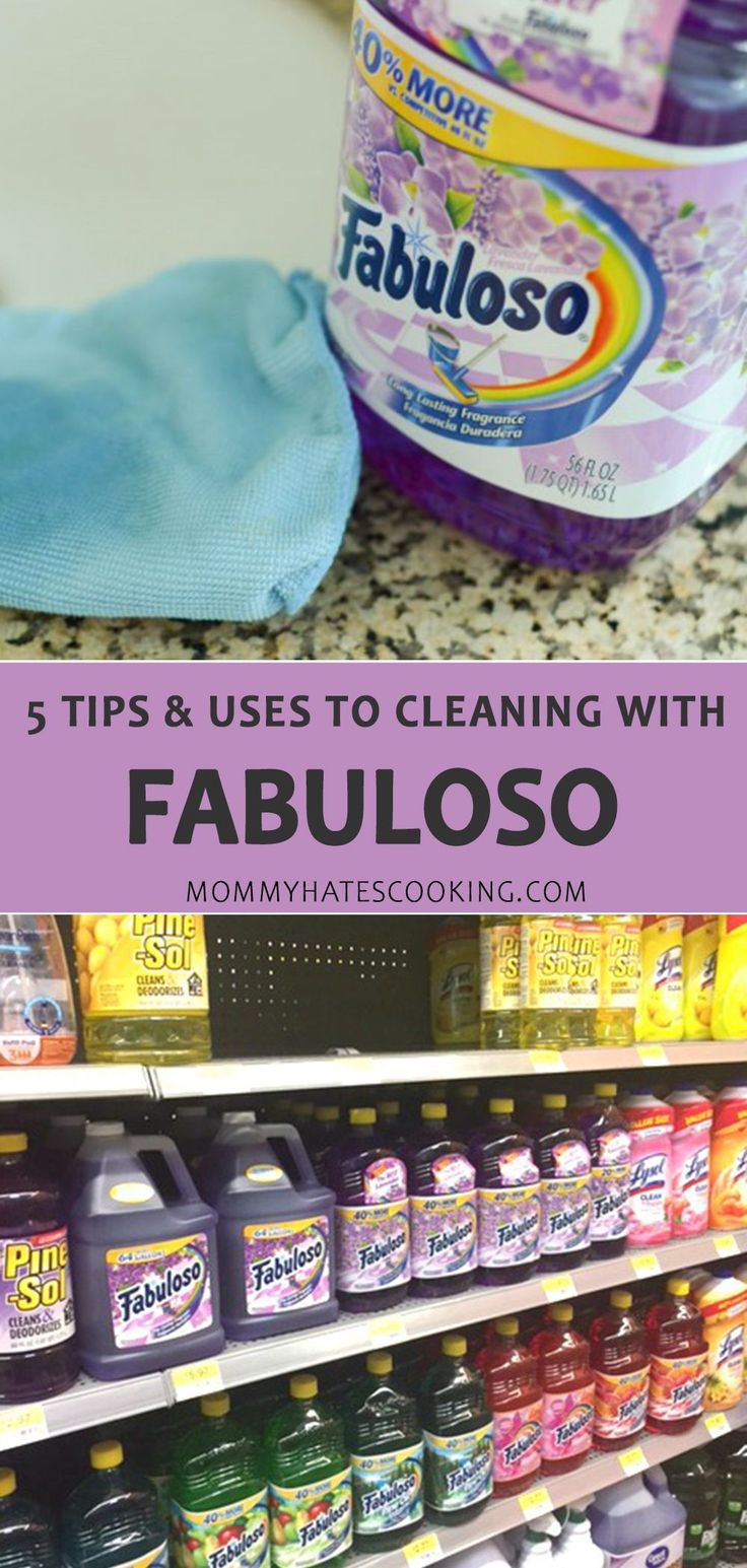 a store shelf filled with cleaning products and the words 5 tips & uses to cleaning with fabuloso