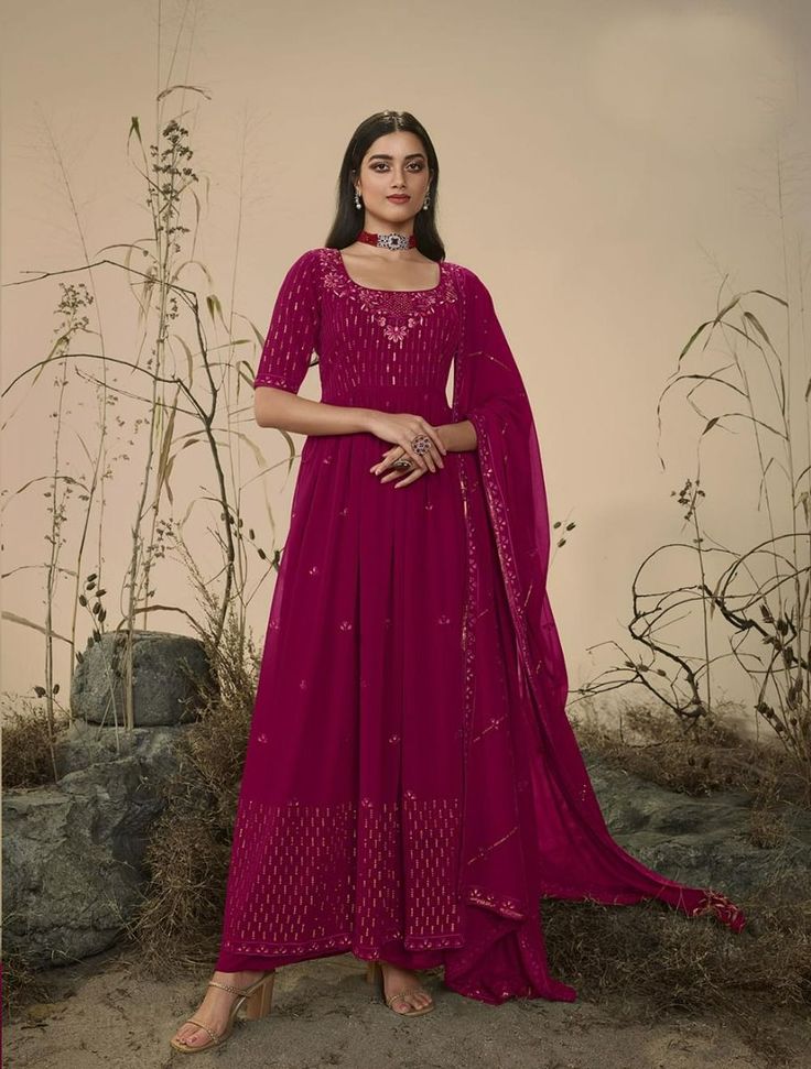 Buy Magenta Anarkali Suit Online - Rutbaa Magenta Kurti, Color Kurti, Georgette Palazzo, Dori Work, Embroidered Salwar, Pink Anarkali, Georgette Anarkali, Lehenga Gown, Georgette Dupatta