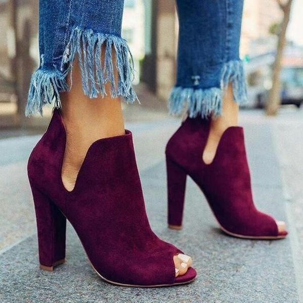 Style: Fashion Item Boots Upper Material Suede Toe: Peep Toe Closure Type: Slip-On Heels: High Heel Chunky Heeled Boots, Lace Up Heels, High Heel Boots, Sneakers Shoes, Chunky Heel, Ballerinas, High Heel Sandals, Cute Shoes, Chunky Heels