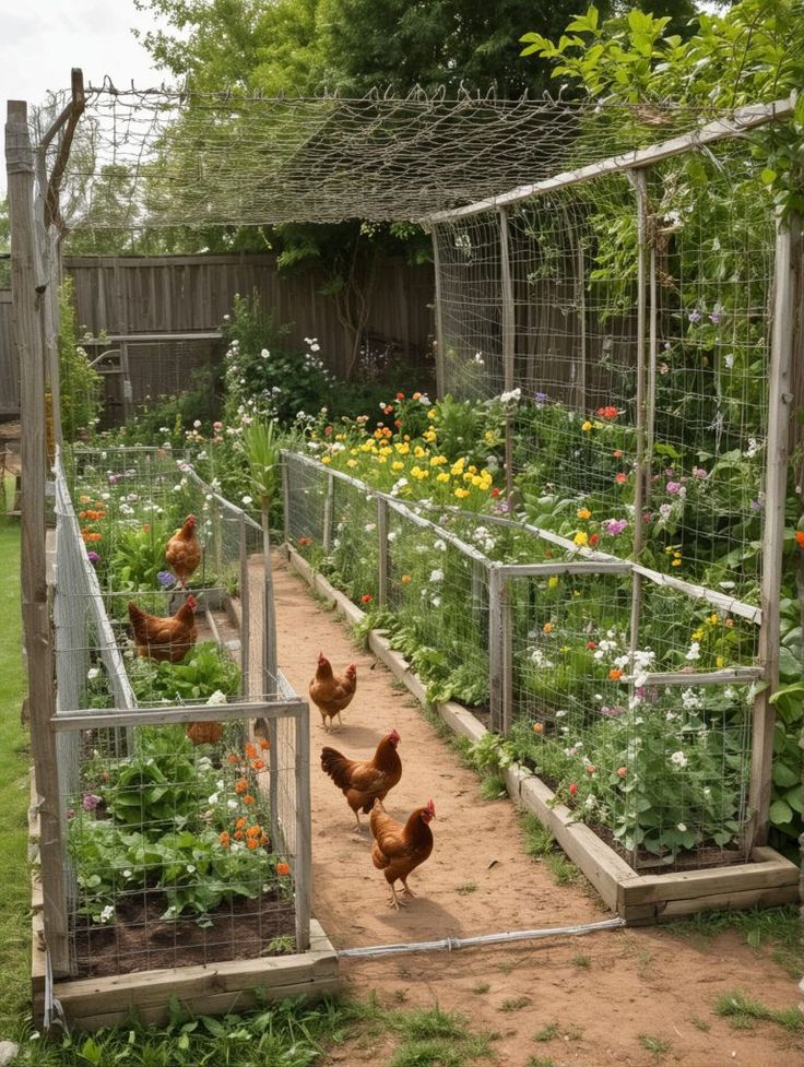 several chickens are walking around in the garden