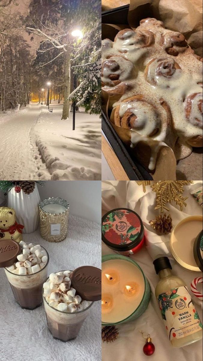 there are many desserts and drinks on the table in this collage, along with an image of a snow covered road