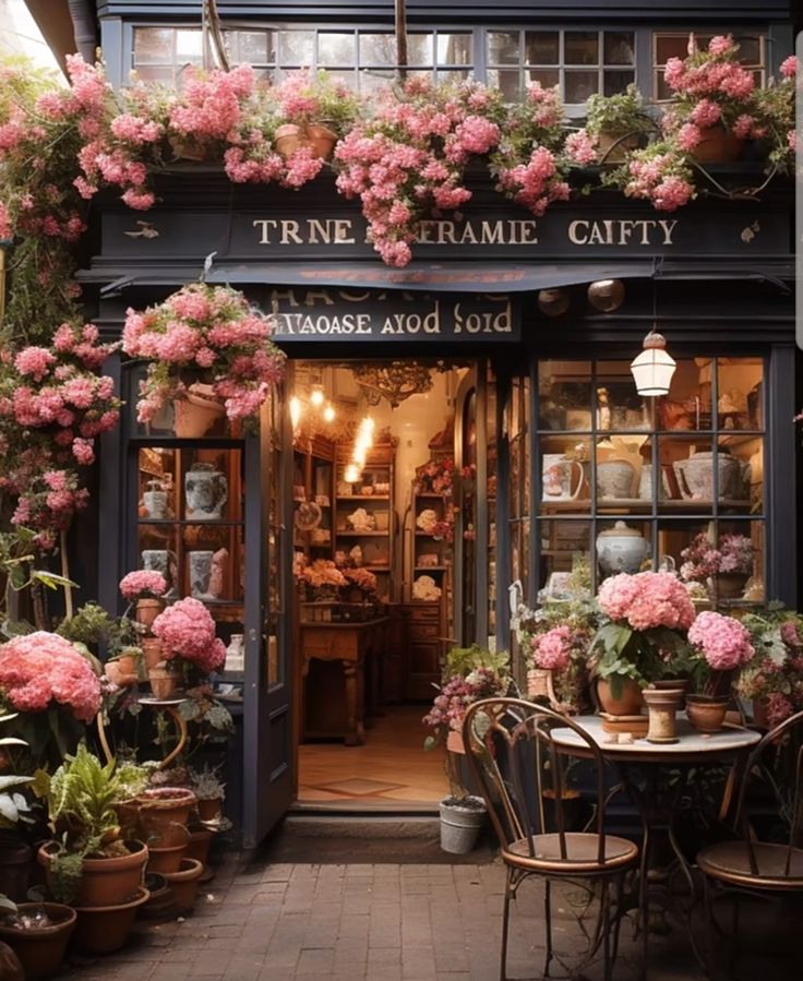 the outside of a flower shop with pink flowers