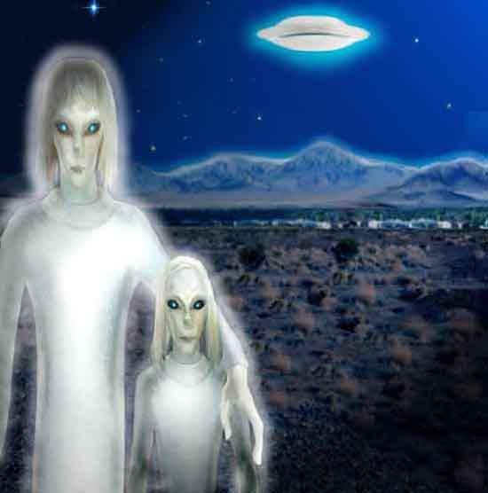 an alien couple standing next to each other in the desert