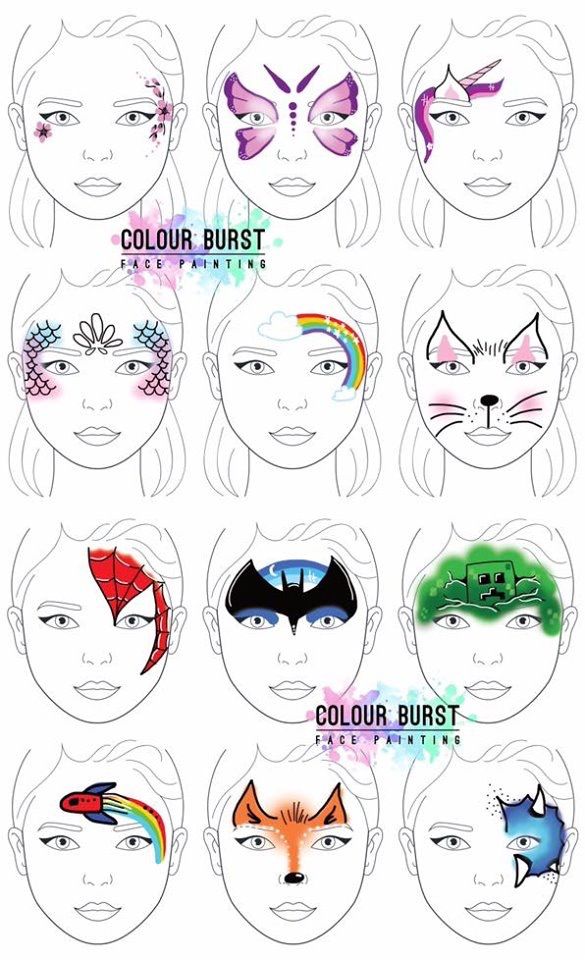 Face Paint Design Sheet, Step By Step Face Painting Tutorials, Girl Face Painting Easy, Beginning Face Painting, Face Painting Templates Free Printable, Face Painting How To Step By Step, Kids Easy Face Painting Ideas, Face Paint Easy Ideas, Face Painting Simple Designs