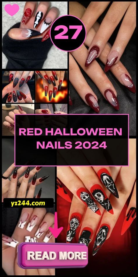 Nail Ideas Red And Black, Dark Short Nails, Halloween Nails Red, Red Halloween Nails, Halloween Nails Designs, Halloween Dip, Black Halloween Nails, Red Halloween, Halloween Manicure