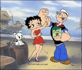 a cartoon character is standing next to a woman in a red dress and an old man