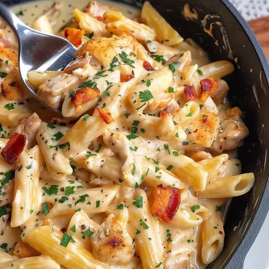 a skillet filled with pasta and chicken