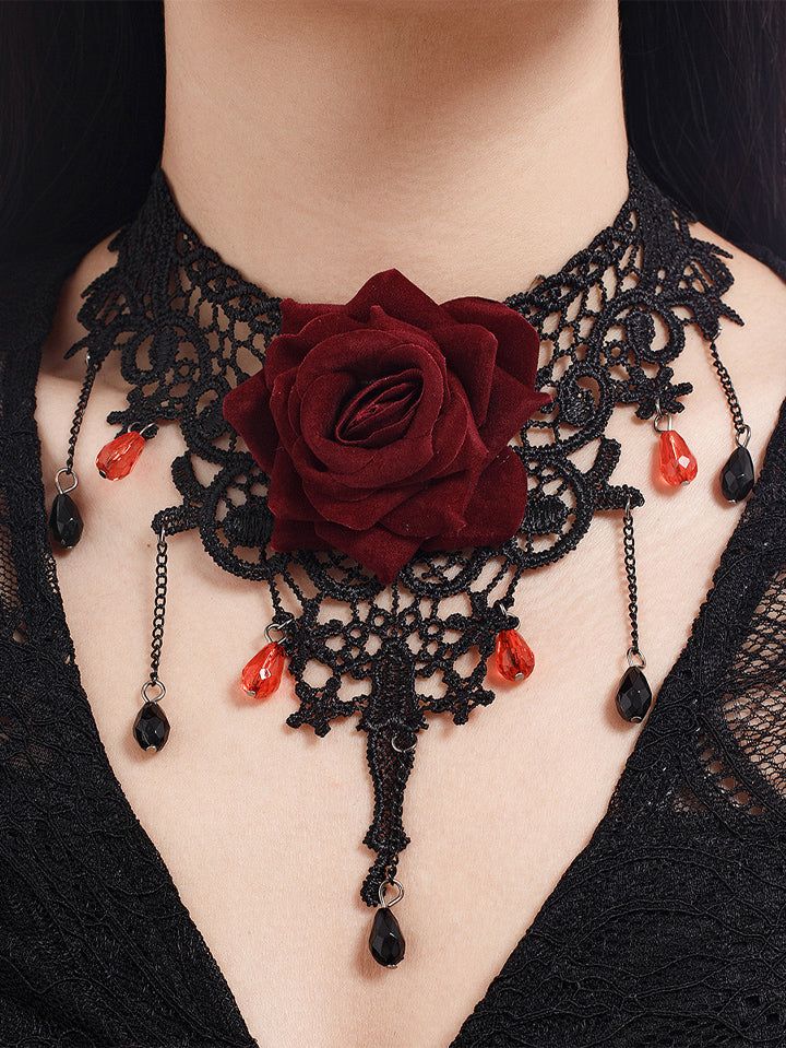 Halloween Gothic Lolita Red Rose Rose Lace Clavicle Necklace Wide Choker Necklace, Lace Choker Necklace, Chain Collar, Lace Choker, Crystal Choker Necklace, Elegant Gothic, Red Rose Flower, Crystal Fashion, Lace Necklace