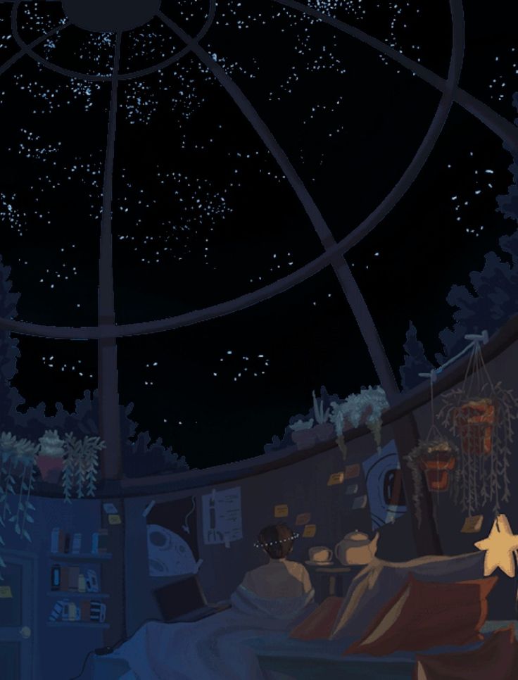 an animated image of a bedroom with stars in the sky